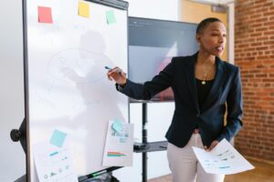 Une femme d'affaires professionnelle expliquant la stratégie budgétaire sur un tableau blanc lors d'une réunion.