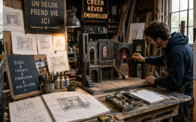 Artisan concevant un décor de spectacle dans un atelier de création, entouré de croquis, d'outils et de maquettes, illustrant les différentes étapes de fabrication d'un décor avant son installation sur scène.