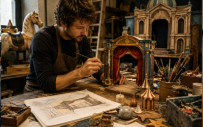 Artisan travaillant sur la fabrication d’un décor miniature de spectacle dans un atelier de création, entouré de maquettes, d’outils, de croquis et d’éléments décoratifs réalisés à la main pour le monde du théâtre et de l’événementiel.