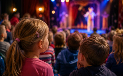 Enfants assistant à un spectacle dans une salle de représentation, observant la scène tout en portant leur attention sur différents éléments de l'environnement, illustrant la curiosité naturelle du jeune public face au spectacle vivant
